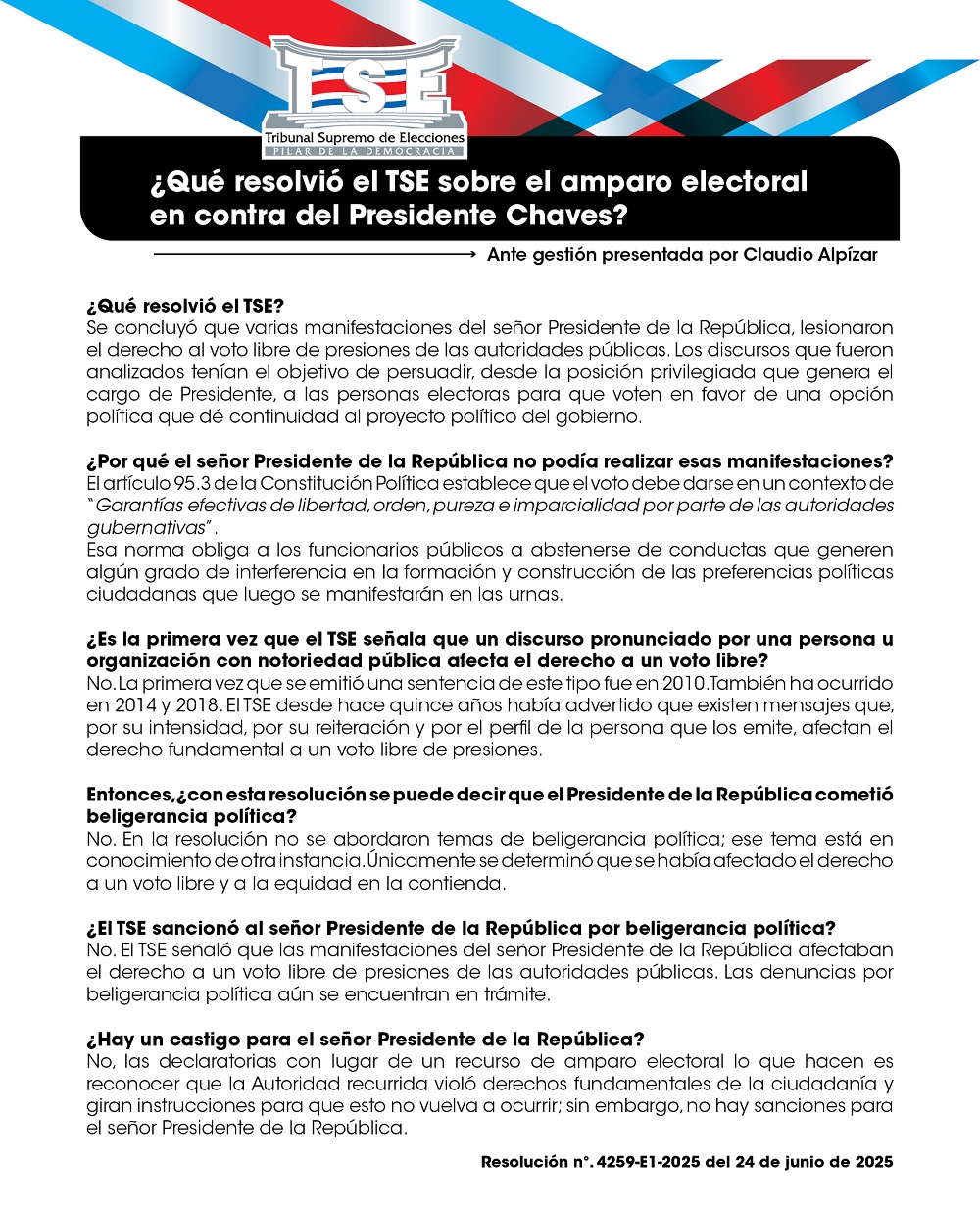 Qué resolvió el TSE sobre el amparo electoral en contra del Presidente Chaves